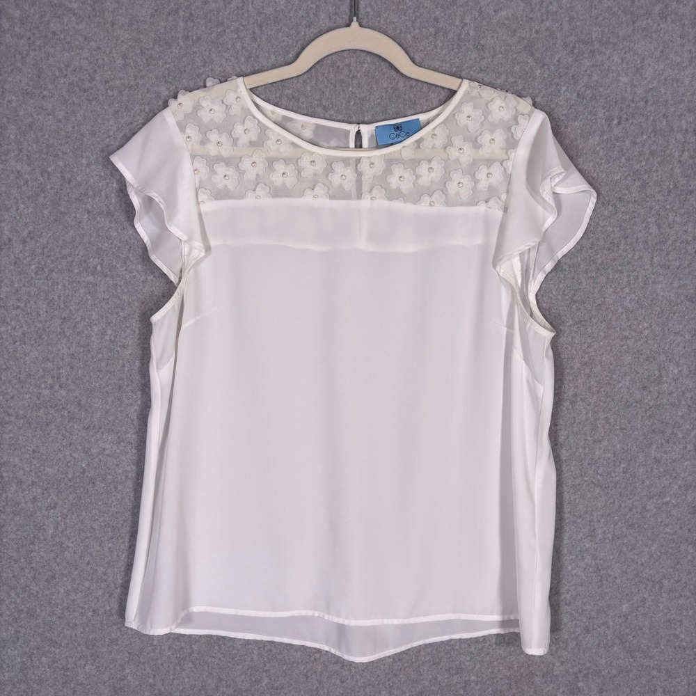CeCe 3D Floral Blouse Large White Large Semi Sheer Applique Coquette Feminine